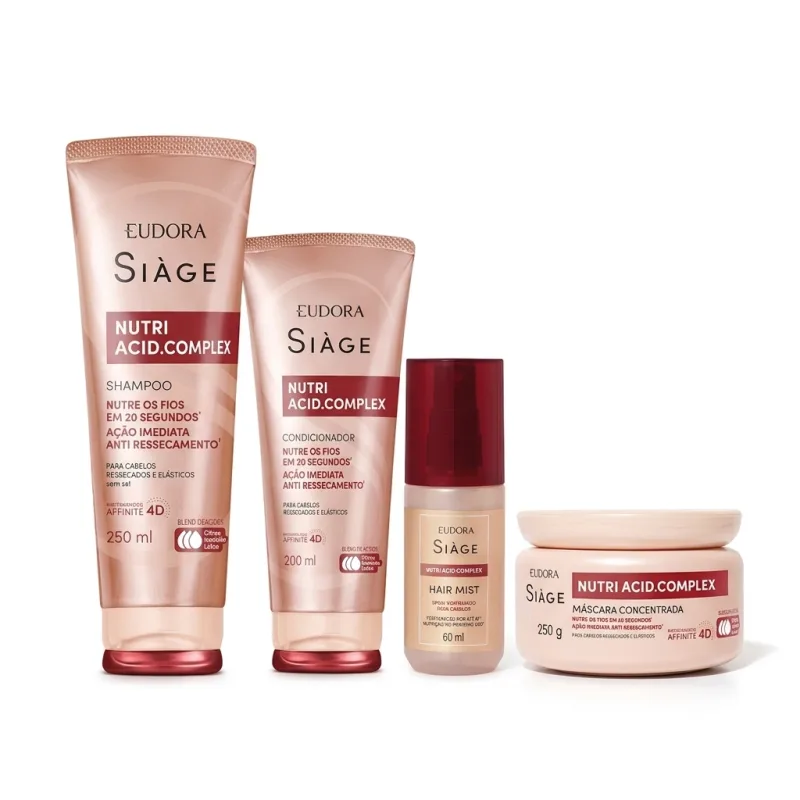 Combo Siàge Nutri Acid.Complex: Shampoo 250ml + Condicionador 200ml + Máscara Capilar 250g + Spray Perfumado para Cabelos 60ml