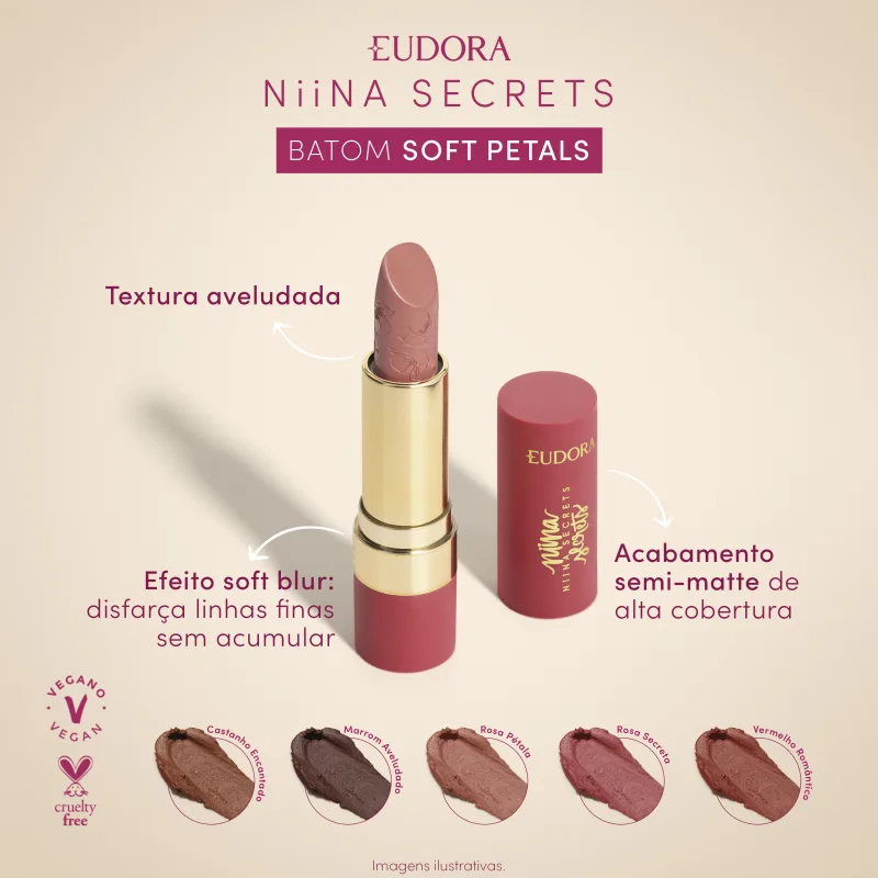 Imagem do batom aberto centralizado. Ao redor, o texto: Textura aveludada; Efeito soft blur; Acabamento semi-matte. Apresenta 5 tonalidades de batom: Castanho Encantado, Marrom Aveludado, Rosa Pétala, Rosa Secreta e Vermelho Romântico.
