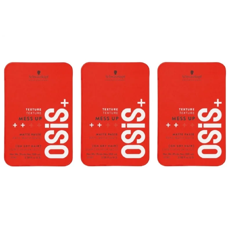 Três embalagens vermelhas de Schwarzkopf Professional, com rótulos exibindo o nome "Texture Mess Up"