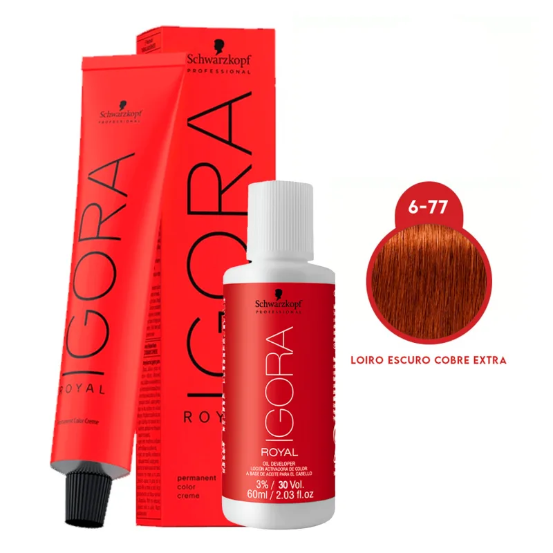 Caixas e frasco vermelho da linha Igora Royal da Schwarzkopf Professional, contendo tinta de cabelo na cor loiro escuro cobre extra, com indicação do número da tonalidade 6-77.
