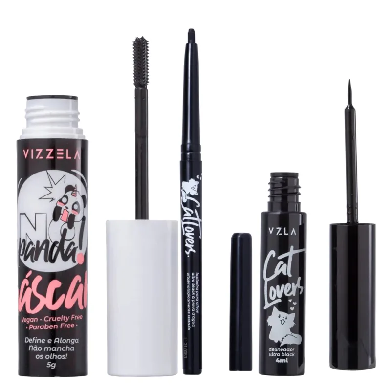 Kit Vizzela Máscara de Cilios No Panda Black + Delineador Ultra Black + Lapiseira Ultra Black