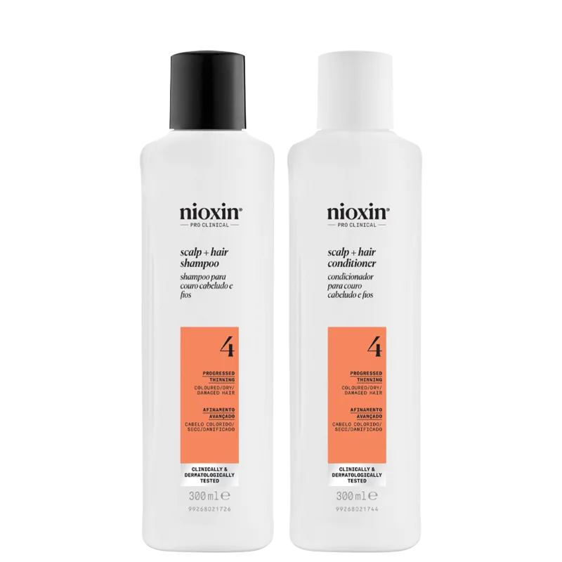 Kit com shampoo e condicionador Volume Thinning Sistema 4, da marca Nioxin.