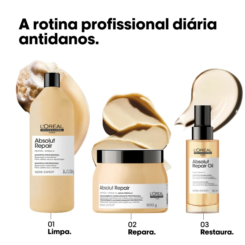 Shampoo, tratamento condicionante e óleo de reparação da linha Absolut Repair da L'Oréal Professionnel, com embalagens em tons de bege e preto, destacando os benefícios de limpeza, reparação e restauração dos cabelos.