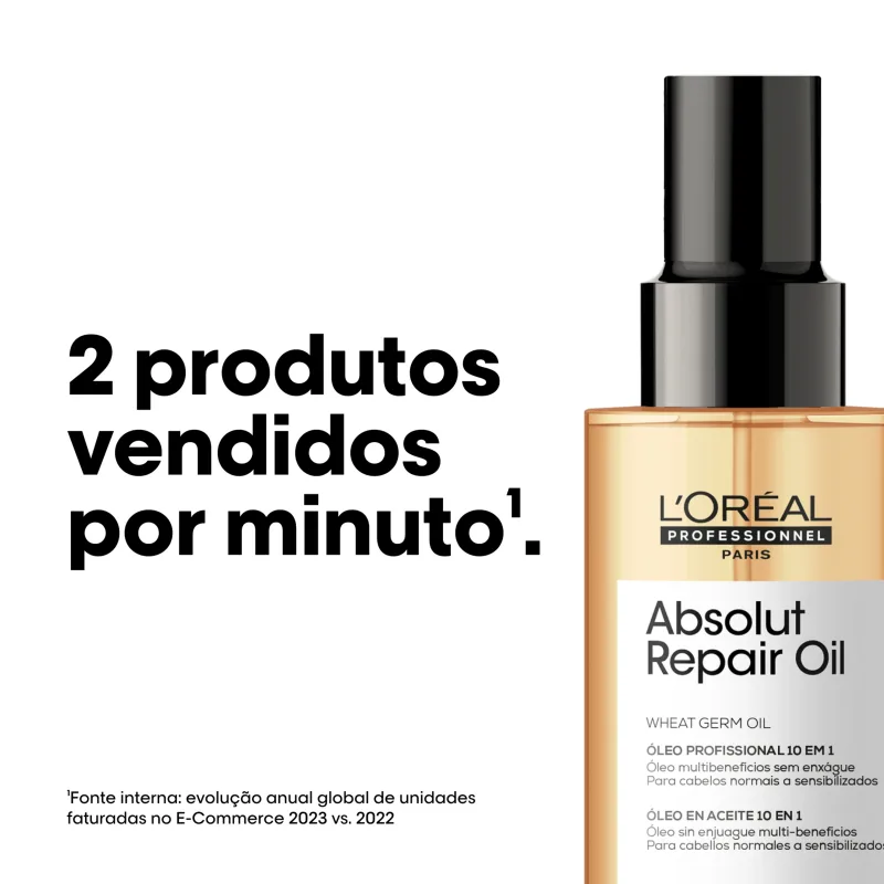 Frasco de óleo reparador Absolut Repair da L'Oréal Professionnel, com rótulo em preto e dourado, contendo óleo de gérmen de trigo para cabelos normais a sensibilizados.
