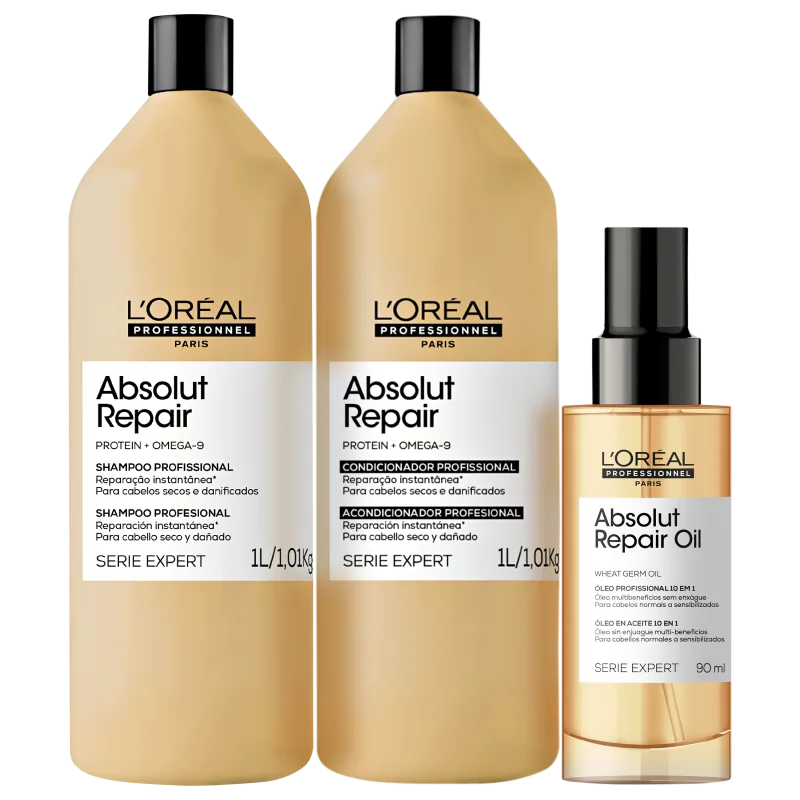Dois frascos de shampoo e condicionador da linha Absolut Repair da L'Oréal Professionnel, com embalagens em tons de bege e preto, e um frasco de óleo reparador Absolut Repair Oil, também da mesma marca, em embalagem de vidro com tampa preta.