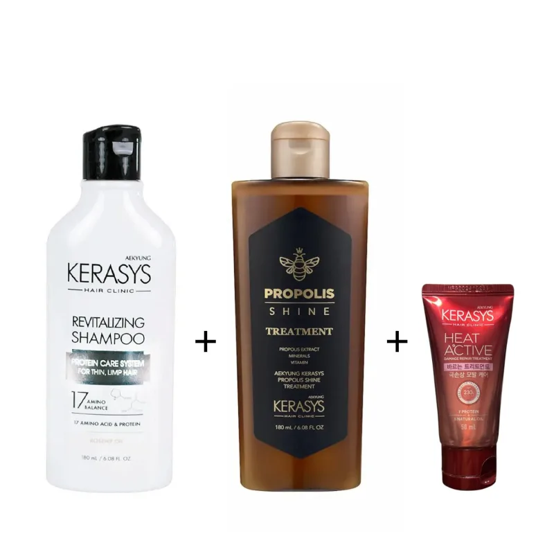 Kerasys Kit (Sh Revitalizing 180ml + Trat. Própolis Shine180ml + Leave in Heat 50ml)