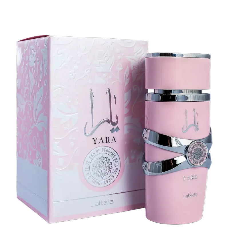 Perfume Yara da marca Lattafa em frasco rosa com detalhes prateados, embalado em caixa branca com padrões florais e rótulo com informações do produto.