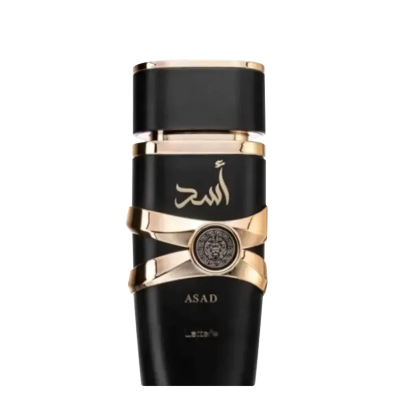 Frasco de perfume preto e dourado da marca Lattafa Perfumes, com o nome "Asad" em árabe e um selo dourado no centro. O design é elegante e minimalista, com detalhes dourados que realçam a embalagem.