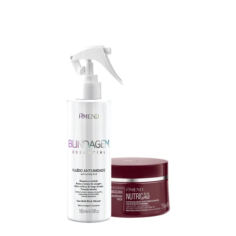 Dois produtos da marca Amend Cosméticos: um frasco branco com pulverizador contendo "Blindagem Essencial Fluido Antiumidade" e um pote vermelho com rótulo "Máscara Nutrição" para cabelos.