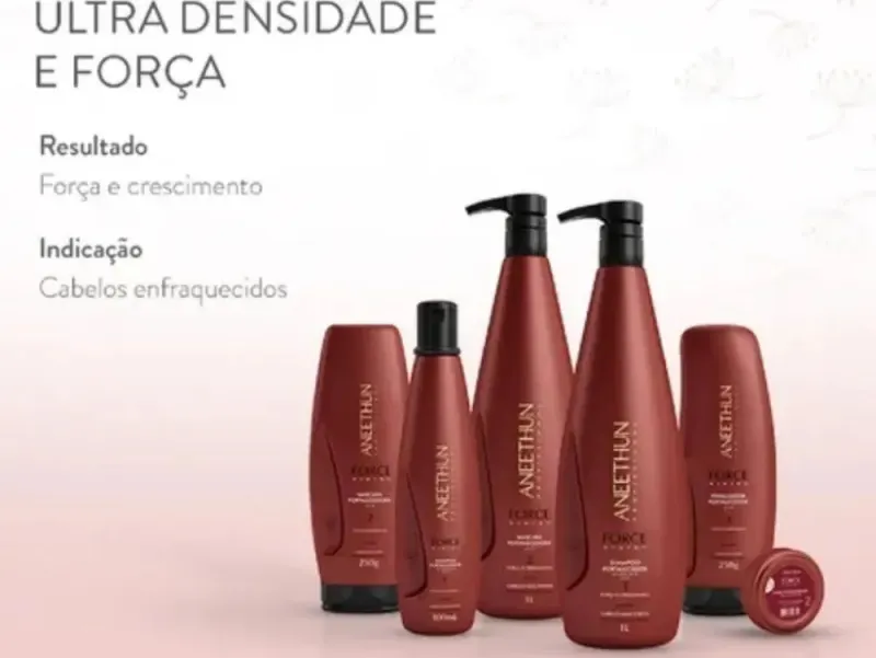 Imagem da linha completa de produtos e o texto: "ultra densidade e força; resultado de força e crescimento; indicação cabelos enfraquecidos.