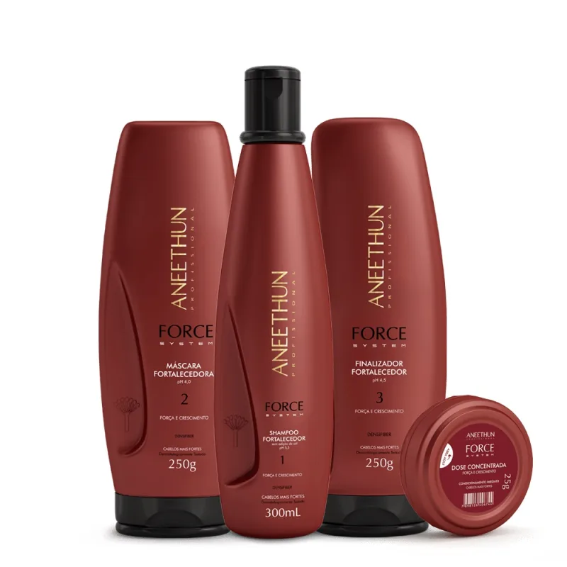4 produtos da linha, shampoo, máscara, finalizador e dose concentrada de tratamento. Todos na cor jambo (marrom avermelhado, quase cacau) e tampa preta.