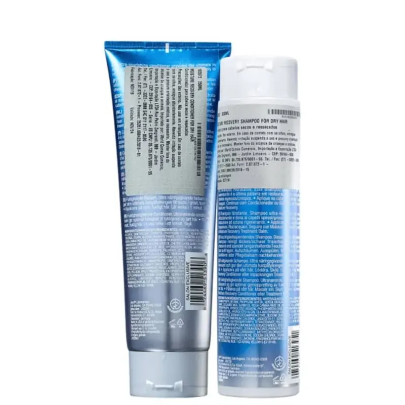 Dois produtos da marca Joico: um frasco de condicionador Moisture Recovery e um frasco de shampoo Moisture Recovery, ambos em embalagens azuis com detalhes em prata.