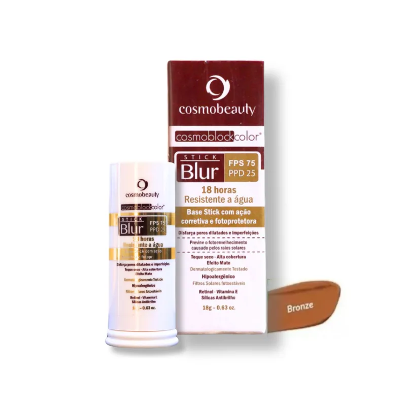 Bastão de proteção solar com uma tampa branca. A cor predominante do produto é um tom de bronze.
