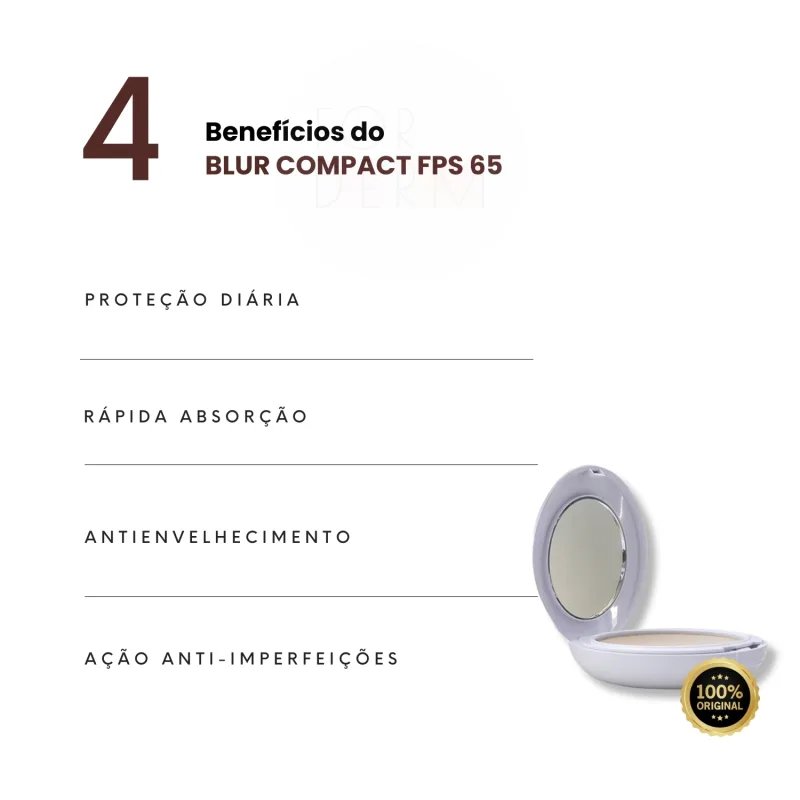 Proteção diária, rápida absorção, antienvelhecimento e ação anti-imperfeições são os 4 benefícios do Blur Compact FPS 65 da marca Cosmobeauty, conforme apresentado na imagem.
