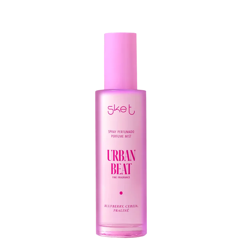 Spray perfume mist, com frasco em formato cilíndrico e cor rosa. No rótulo, está escrito "Urban Beat".