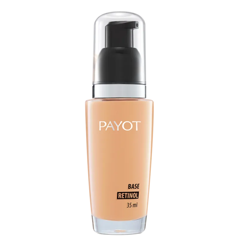 A imagem apresenta frasco de plástico transparente com tampa preta e detalhes prateados. Contém um líquido bege claro. Rótulo na frente indica "BASE RETINOL" e o volume de 35ml.