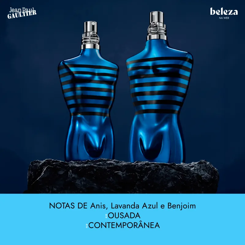 Dois frascos de item de perfumaria da marca Jean Paul Gaultier, com design em tons de azul e listras pretas, com texto "Notas de Anis, Lavanda Azul e Benjoim" e "Ousada Contemporânea".