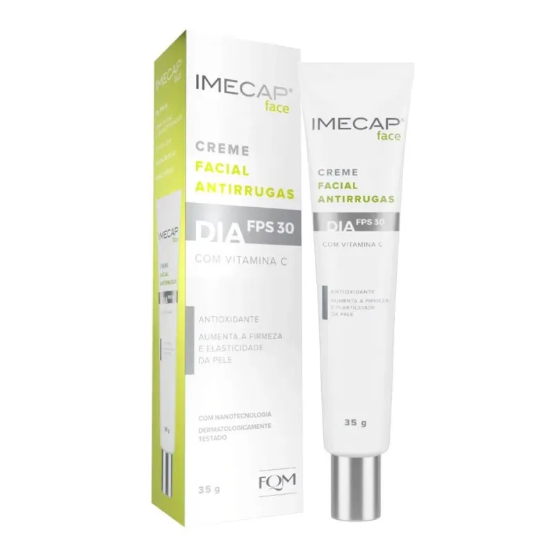 Creme facial antirrugas Imecap Face com FPS 30, embalagem em caixa verde e branca, contendo um tubo de 35g do produto, com destaque para a presença de vitamina C em sua composição.