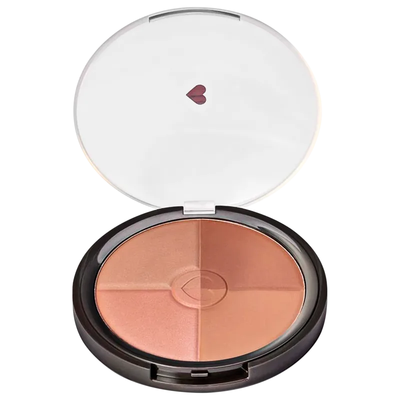 Pó compacto facial multiefeitos Bronze com quatro cores em tons rosados em estojo redondo preto com tampa transparente e coração ilustrado na tampa.