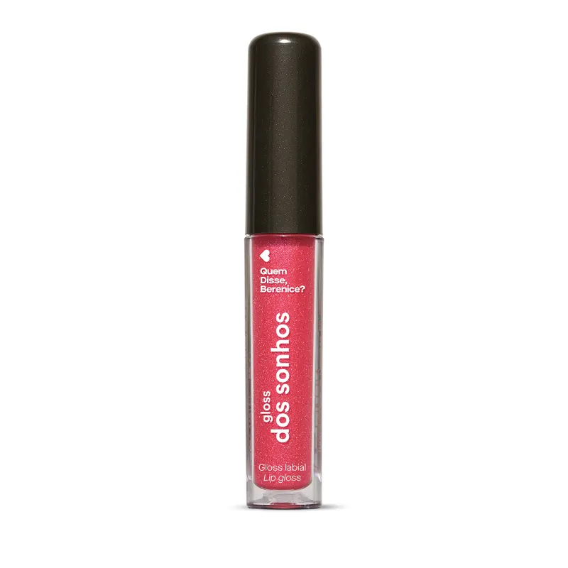 Gloss labial rosa Cerejex Dos Sonhos Quem Disse, Berenice?  em embalagem transparente, mostrando a tonalidade do produto, tampa preta e rótulo com letras brancas.