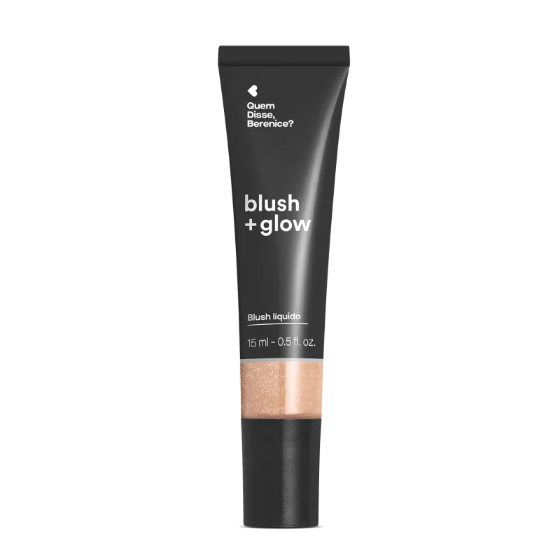 Bisnaga preta de item de maquiagem da marca Blush + Glow Quem disse, Berenice?, com detalhe dourado e texto branco branco no rótulo.
