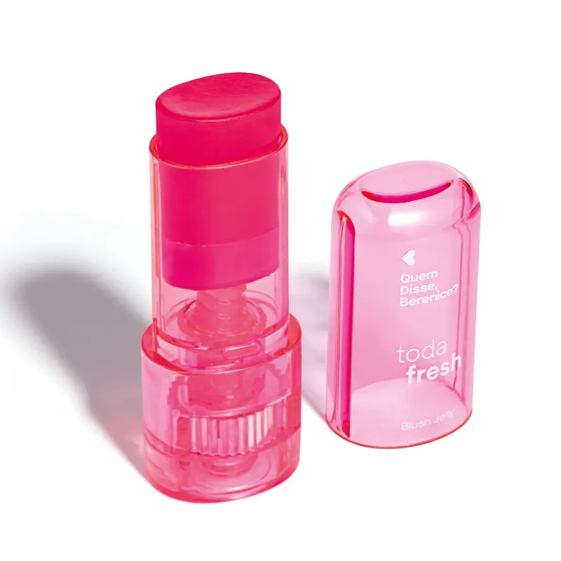 Frasco de blush jelly na cor rosa Toda Fresh Quem Disse, Berenice? em embalagem rosa escuro com tampa rosa translúcida.
