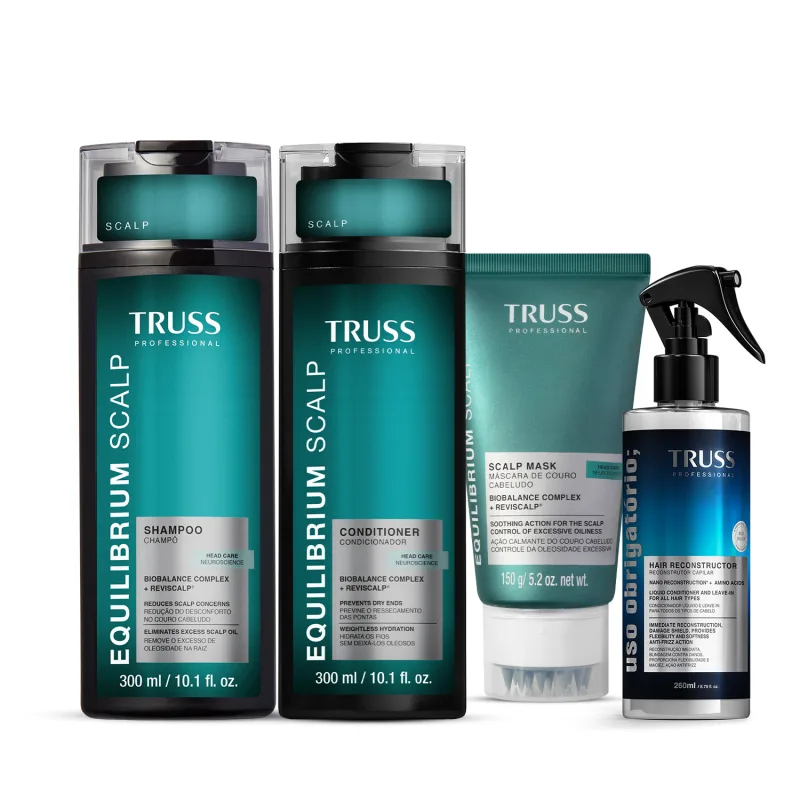 Combo Truss Equilibrium Scalp: Shampoo 300ml + Condicionador 300ml + Máscara 150ml + Spray Uso Obrigatório; 260ml