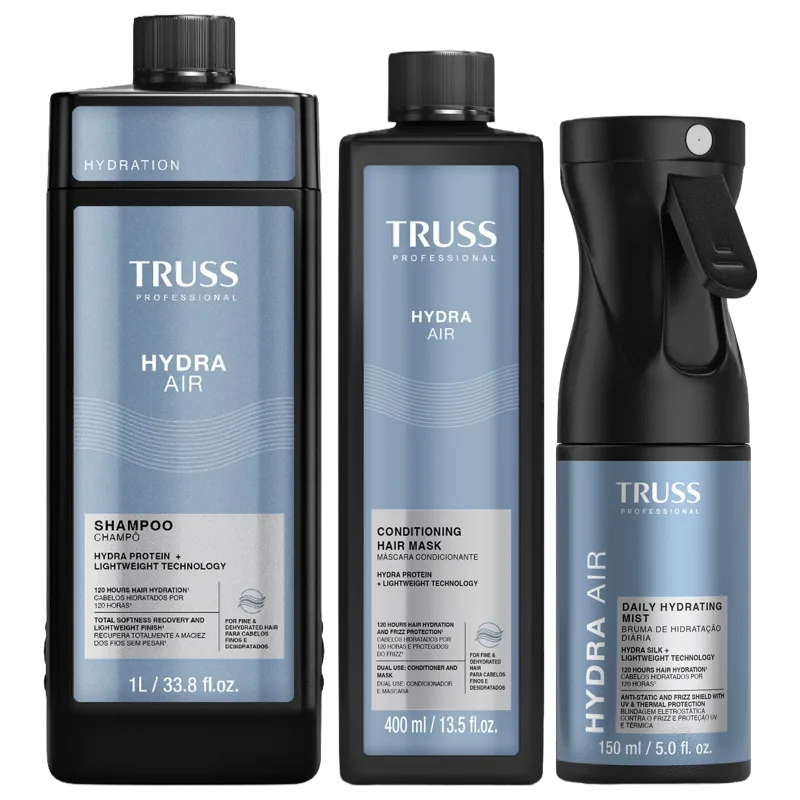 Produtos da linha Truss Professional: shampoo Hydra Air, máscara condicionadora Hydra Air e bruma hidratante diária Hydra Air, em embalagens pretas e azuis com detalhes em texto e gráficos.