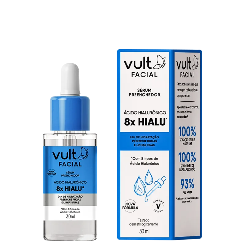 Uma caixa azul com detalhes brancos e logotipo da marca. Ao lado um frasco transparente com rótulo azul e tampa branca. O rótulo destaca "Sérum Preenchedor Ácido Hialurônico 8x Hialu",  24 horas de hidratação e preenchimento de rugas.
