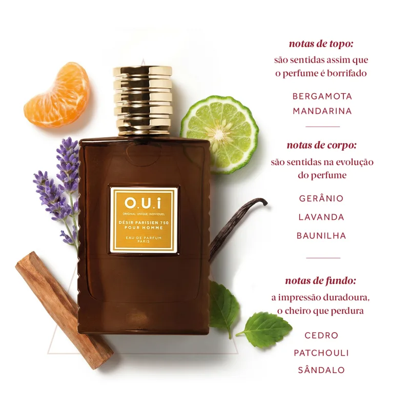 Frasco de item de perfumaria da marca O.U.i com notas de topo de bergamota, mandarina, notas de corpo de gerânio, lavanda, baunilha e notas de fundo de cedro, patchouli, sândalo.