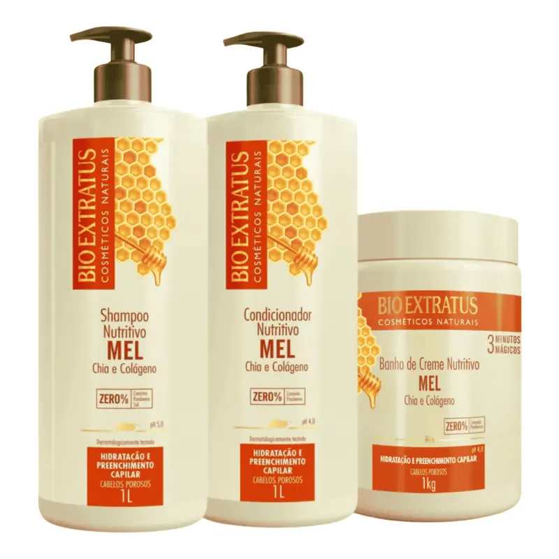 Kit Bio Extratus Mel Hidratação Shampoo Cond Máscara 1L