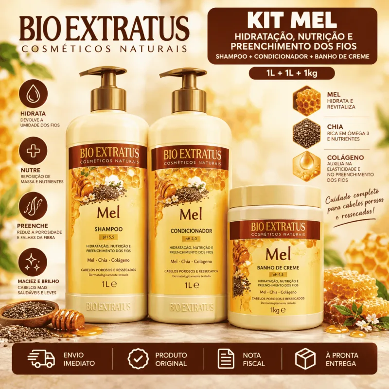 Kit Bio Extratus Mel Hidratação Shampoo Cond Máscara 1L