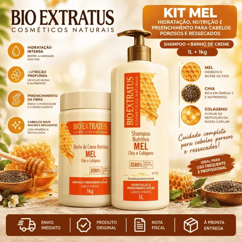 Kit Bio Extratus Mel Hidratação Shampoo 1L Máscara 1kg