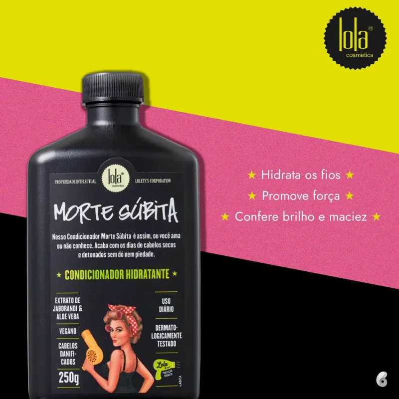 Frasco preto de condicionador capilar "Morte Súbita" da marca Lola From Rio, com rótulo destacando ingredientes.