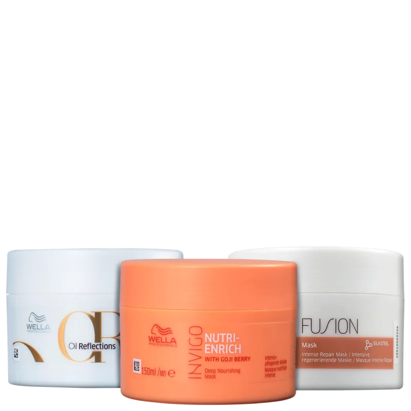 Três máscaras da marca Wella Professionals: Oil Reflections,  Nutri-Enrich e Fusion Mask, todos com embalagens e rótulos característicos da marca.