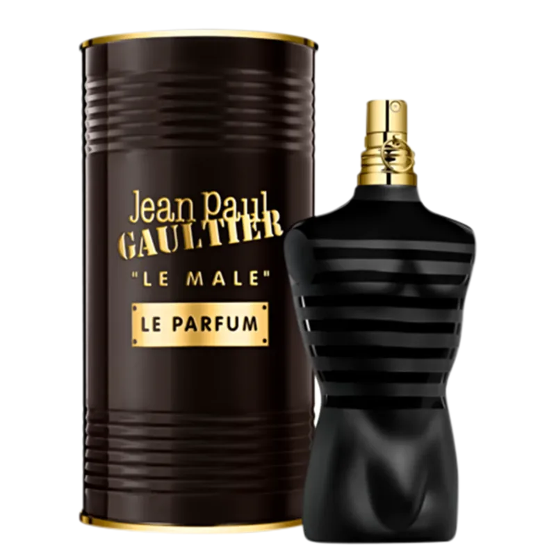 Frasco do perfume masculino da marca Jean Paul Gaultier, chamado "Le Male Le Parfum", em embalagem preta e dourada com listras verticais. Ao lado embalagem do perfume em forma de lata 