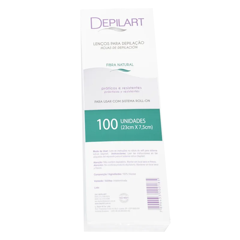 Caixa de lenços para depilação da marca Depilart, com 100 unidades de fibra natural, para uso com sistema roll-on, em embalagem branca e verde.
