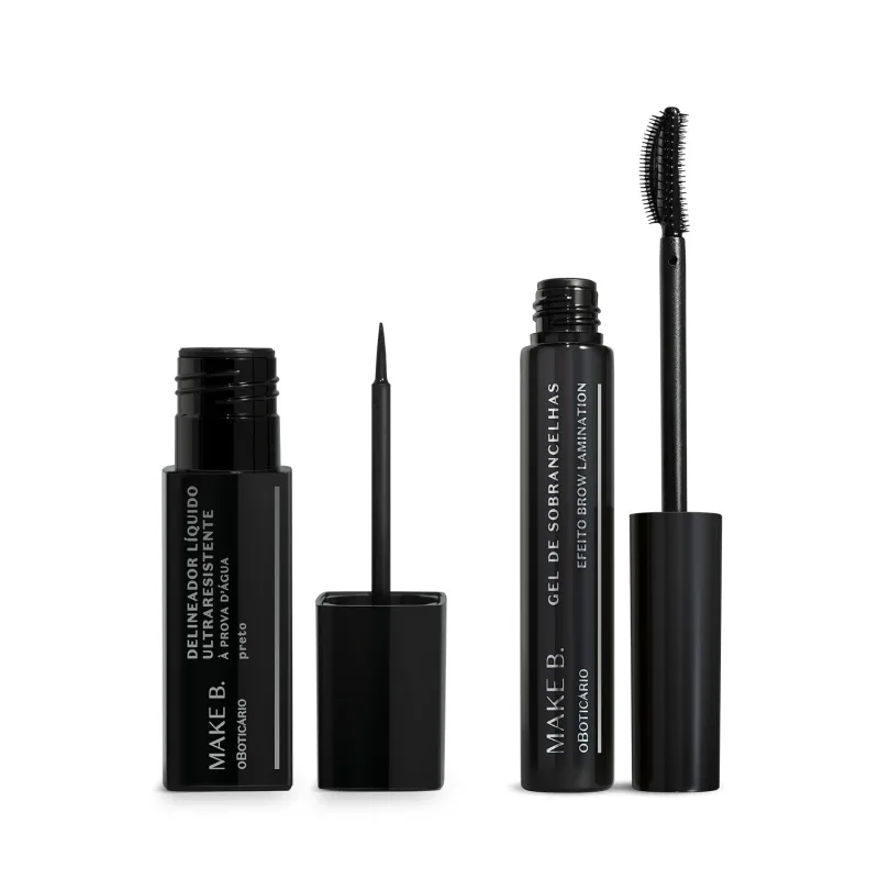Dois itens de maquiagem da marca Make B., sendo um frasco preto de delineador líquido com tampa, haste e aplicador fino e um tubo preto de máscara de sobrancelhas para Brow Lamination com tampa, haste e escova aplicadora