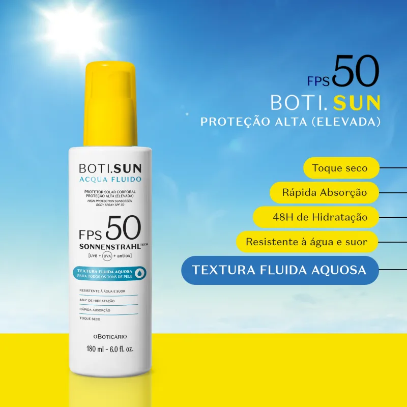 Spray Protetor Solar Corporal FPS 50 BOTI.SUN Acqua Fluido 180ml
