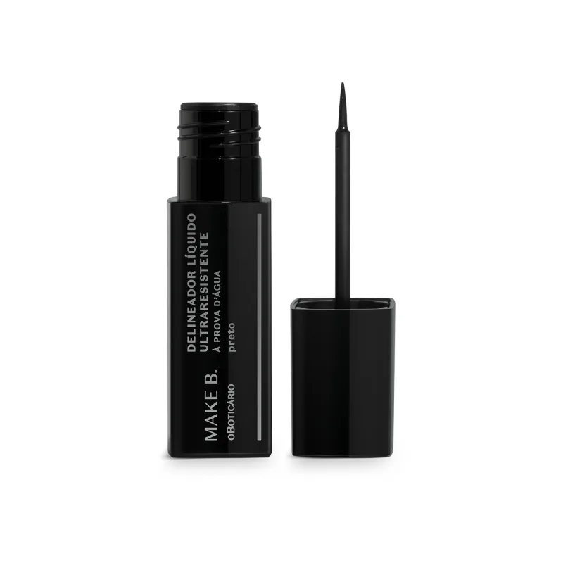 Tubo preto  com letras brancas de delineador líquido para olhos na cor preta da marca Make B., com tampa, haste e aplicador fino.