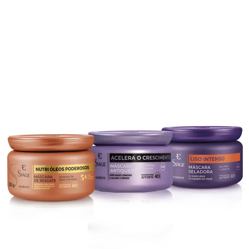 Combo Máscara Capilar Siàge: Acelera o Crescimento 250g + Liso Intenso 250g + Óleos Poderosos 250g