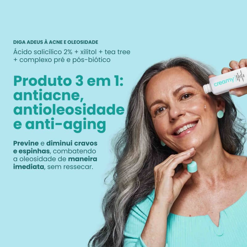 A imagem mostra o produto sendo segurado por uma mulher próximo ao rosto, com informações sobre ação dele na pele.