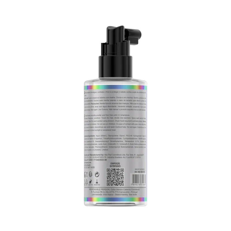 A imagem mostra o verso do produto. O rótulo com informações detalhadas do produto em português, incluindo ingredientes, instruções de uso, código de barras e dados do fabricante. Formato de spray com aplicador bomba na parte superior.