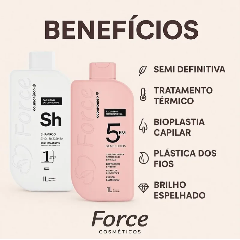 Kit Alinhamento Capilar Prissional Semi Definitiva Exclusive 5 em1 Force Cosméticos 1L