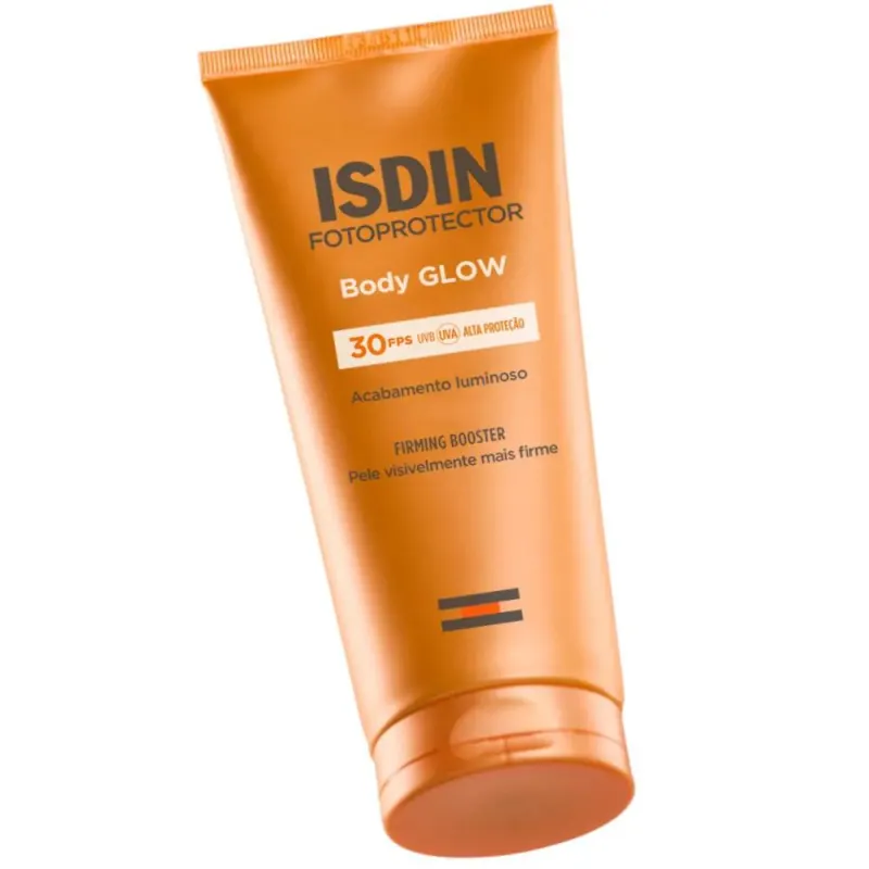 Bisnaga laranja de Body Glow Fotoprotector ISDIN SPF 30 com acabamento luminoso e firming booster, texto em branco e cinza na embalagem.