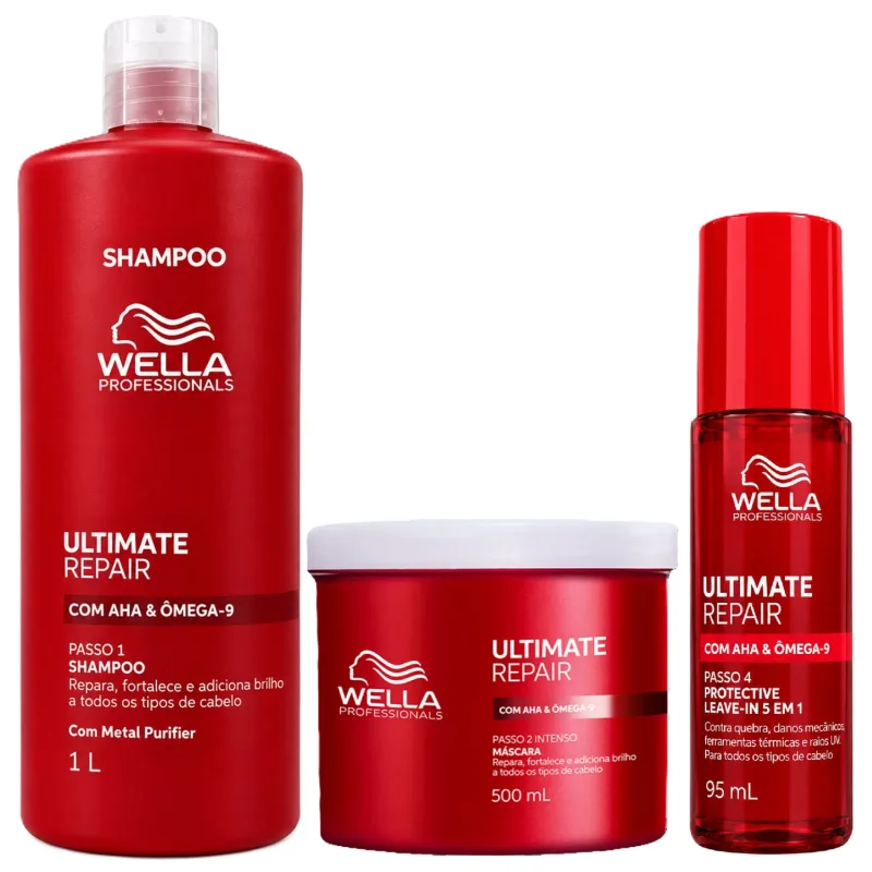 Kit Wella Ultimate Repair - Shampoo 1L + Máscara 500ml + 5 em 1 Protective 95ml