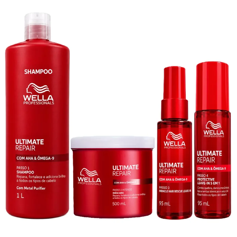 Kit Wella Ultimate Repair - Shampoo 1L + Máscara 500ml + Miracle Leave-In 95ml + 5 em 1 Protective 95ml