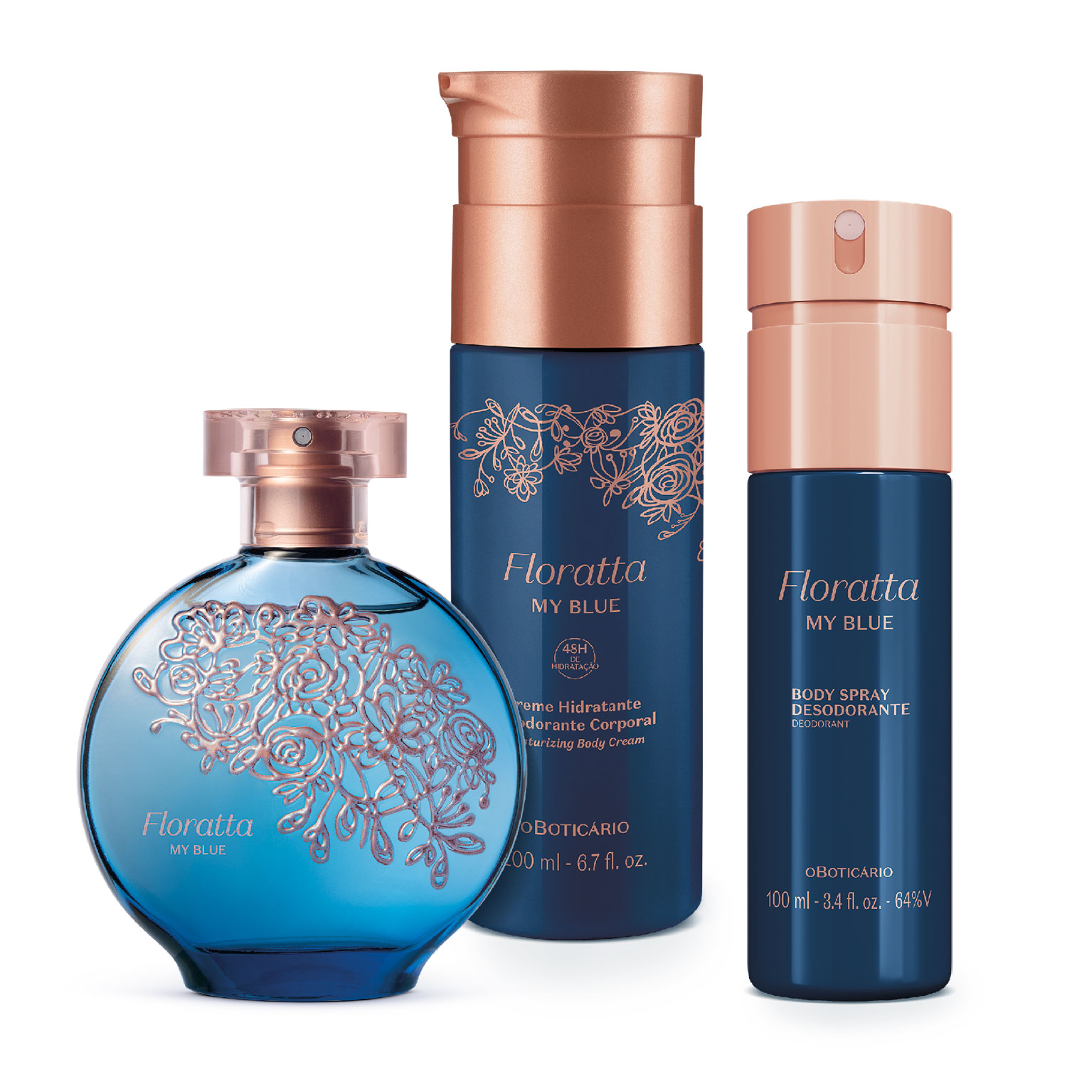 Combo Floratta My Blue: Loção Corporal 200ml + Body Spray 100ml + Desodorante Colônia 75ml