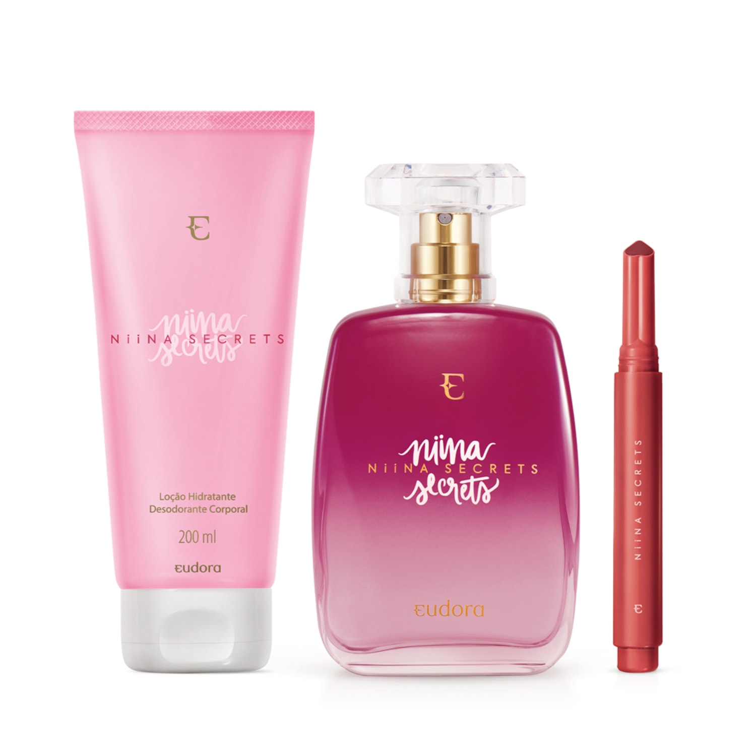 Combo Niina Secrets: Desodorante Colônia + Loção Corporal + Batom Gloss Stick Vermelho Tulipa