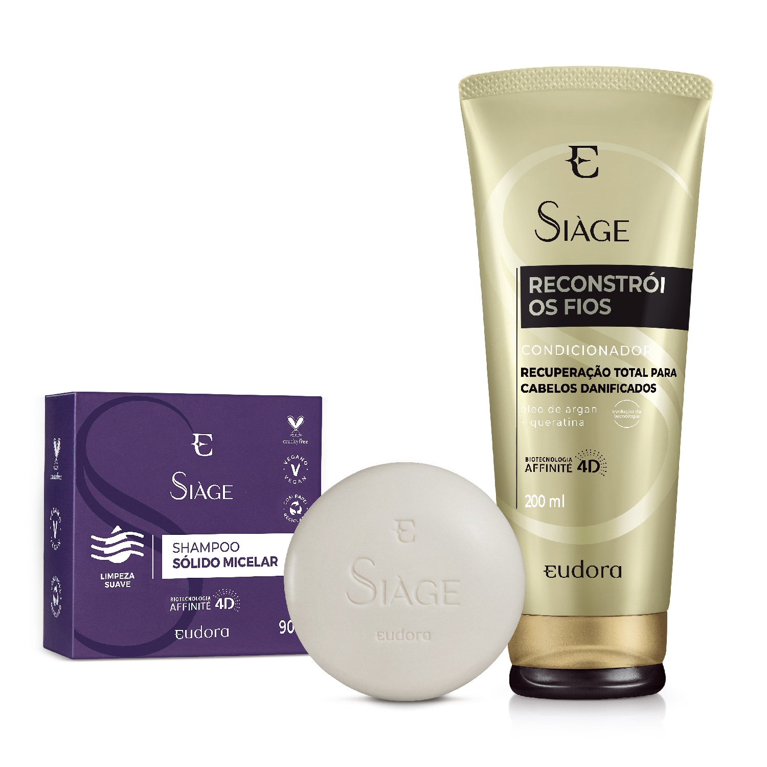 Combo Siàge: Shampoo Sólido Micelar + Condicionador Reconstrói os fios
